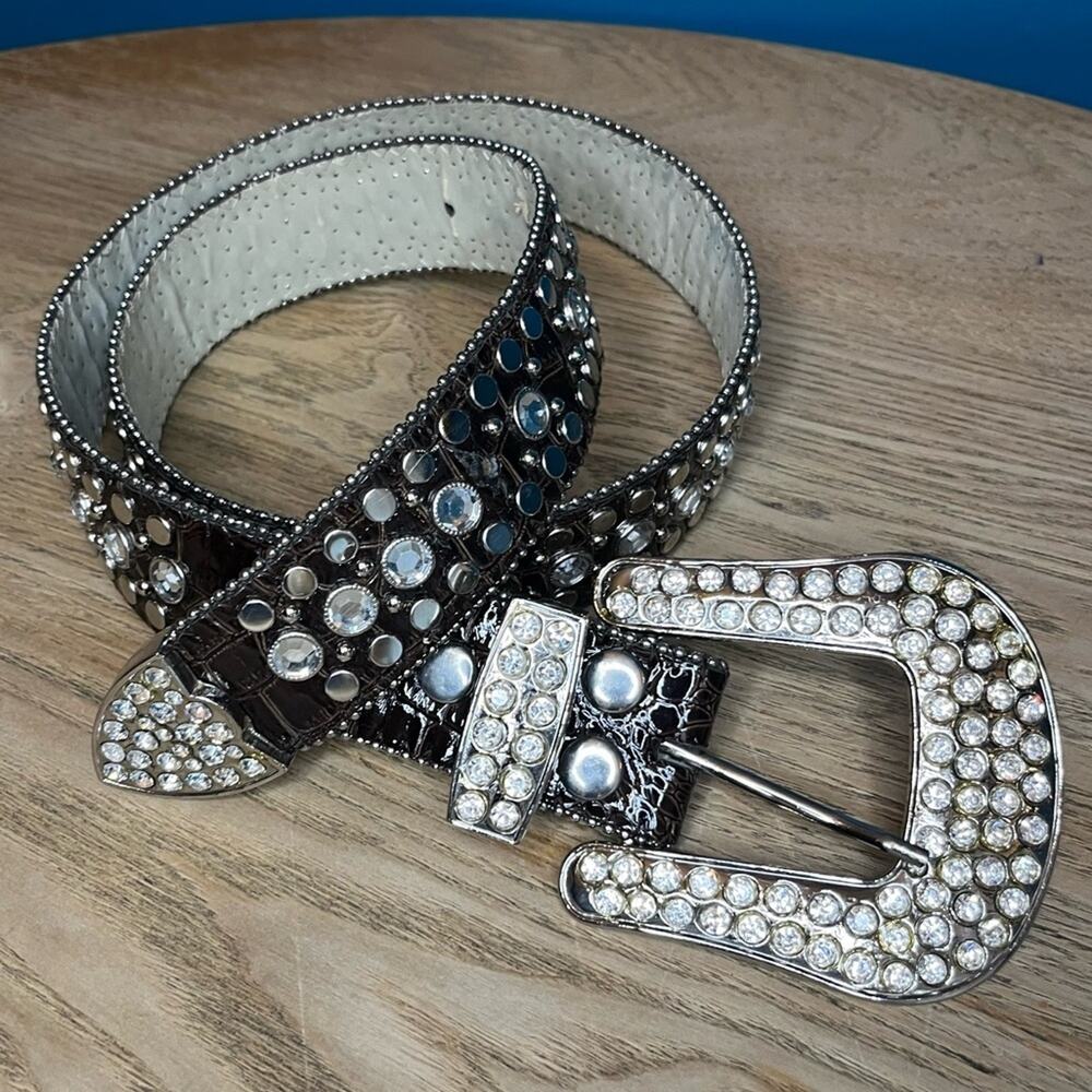 Western Rhinestone Cowgirl Diamond Studded Belt Embellished Buckle Dark Brown